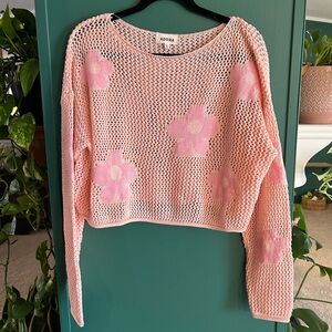 ADORA Pink Floral Mesh Crochet Sweater